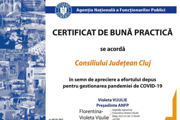 Consiliul Județean Cluj a primit un „Certificat de bună practică” pentru gestionarea crizei COVID-19