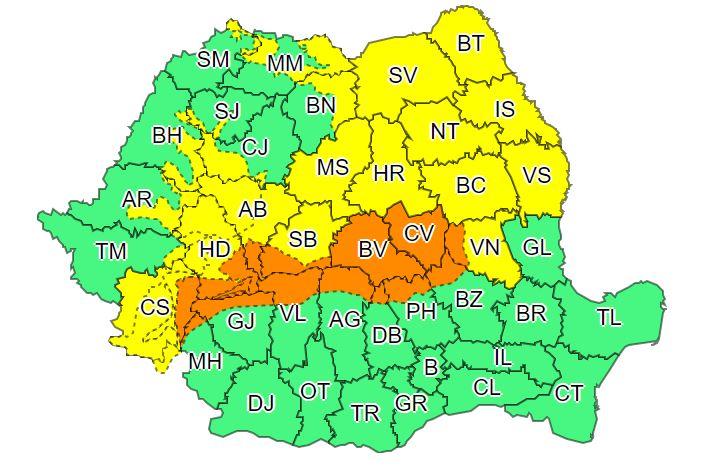 COD GALBEN de vânt, ploi și ninsori până în weekend