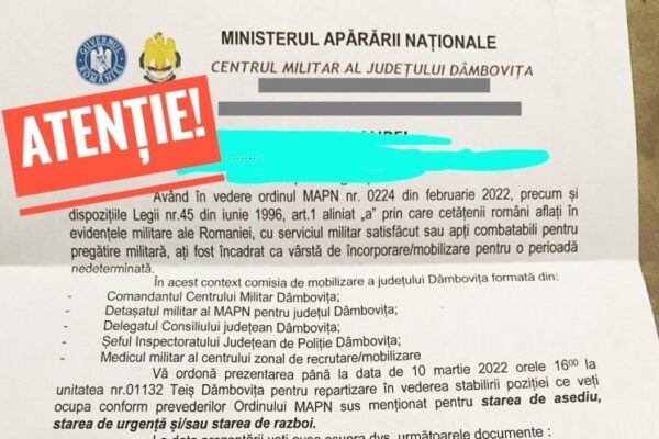 MARE ATENȚIE. False ordine de chemare la mobilizare în caz de război circulă pe internet.  Avertimentul MApN