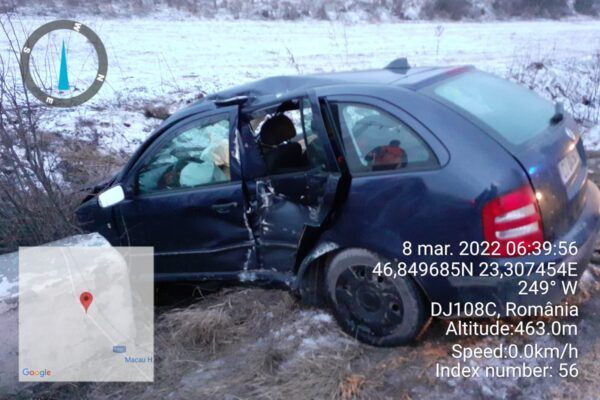 ACCIDENT la Aghireșu marți dimineață. O mașină a derapat și a ajuns în șanț