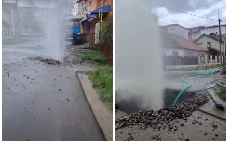 VIDEO – După avaria din ziua de Paște din Florești, s-a spart o conducă și în Dej. Apa a sărit ca un adevărat gheizer