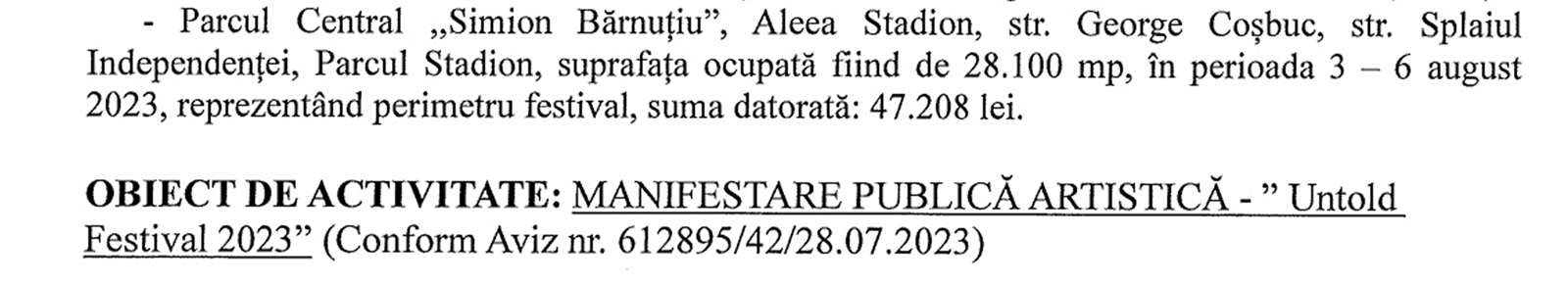 Taxa perceputa de Primaria Cluj pentru Parcul Central.