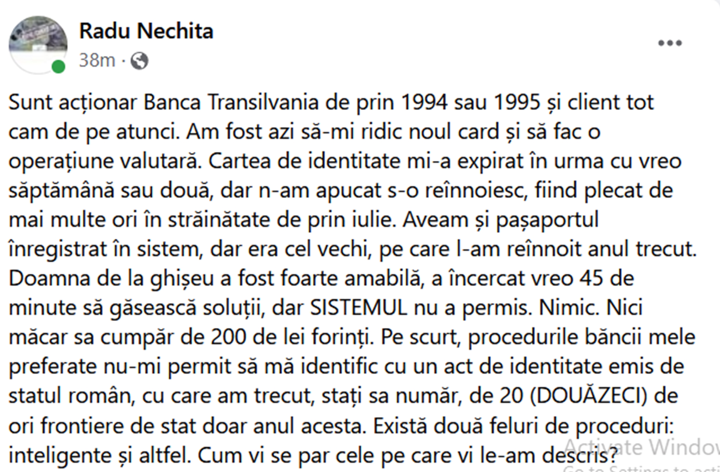 Mesajul conferențiarului Radu Nechita despre procedurile învechite de la Banca Translilvania.