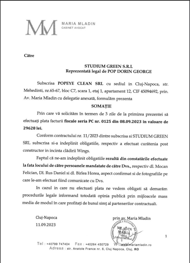 notificarea cabinetului de avocati Maria Mladin