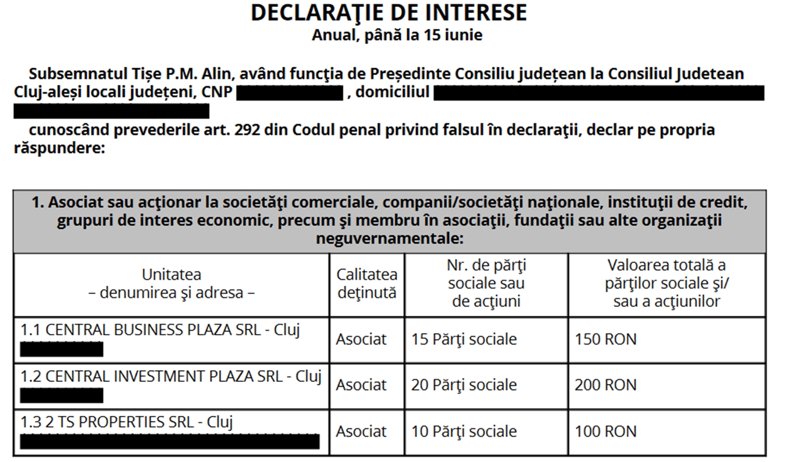 Declarația de interese a lui Alin Tișe