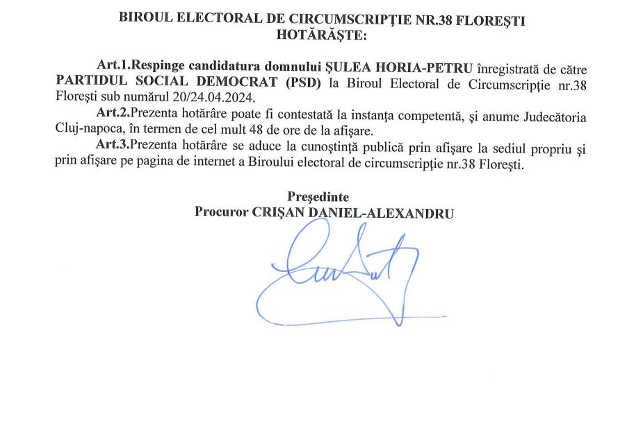 Hotărârea de respingere a candidaturii lui Horia Șukea