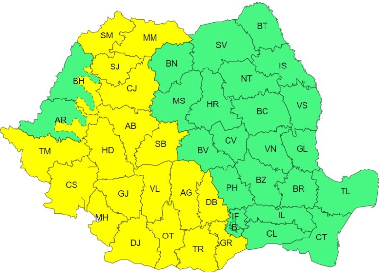 Clujul sub cod galben de ploi torențiale până joi dimineața
