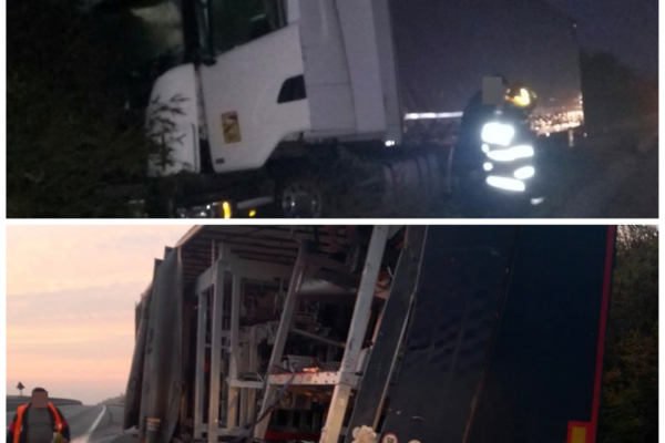 ”Liniuță” între două autotrenuri pe autostrada Transilvania. Rezultat, a fost nevoie de intervenția pompierilor de la ISU Cluj