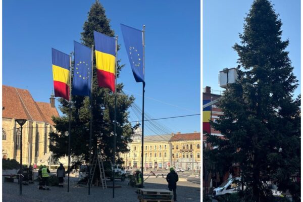 Au început pregătirile pentru Târgul de Crăciun din centrul Clujului! A ajuns bradul uriaș