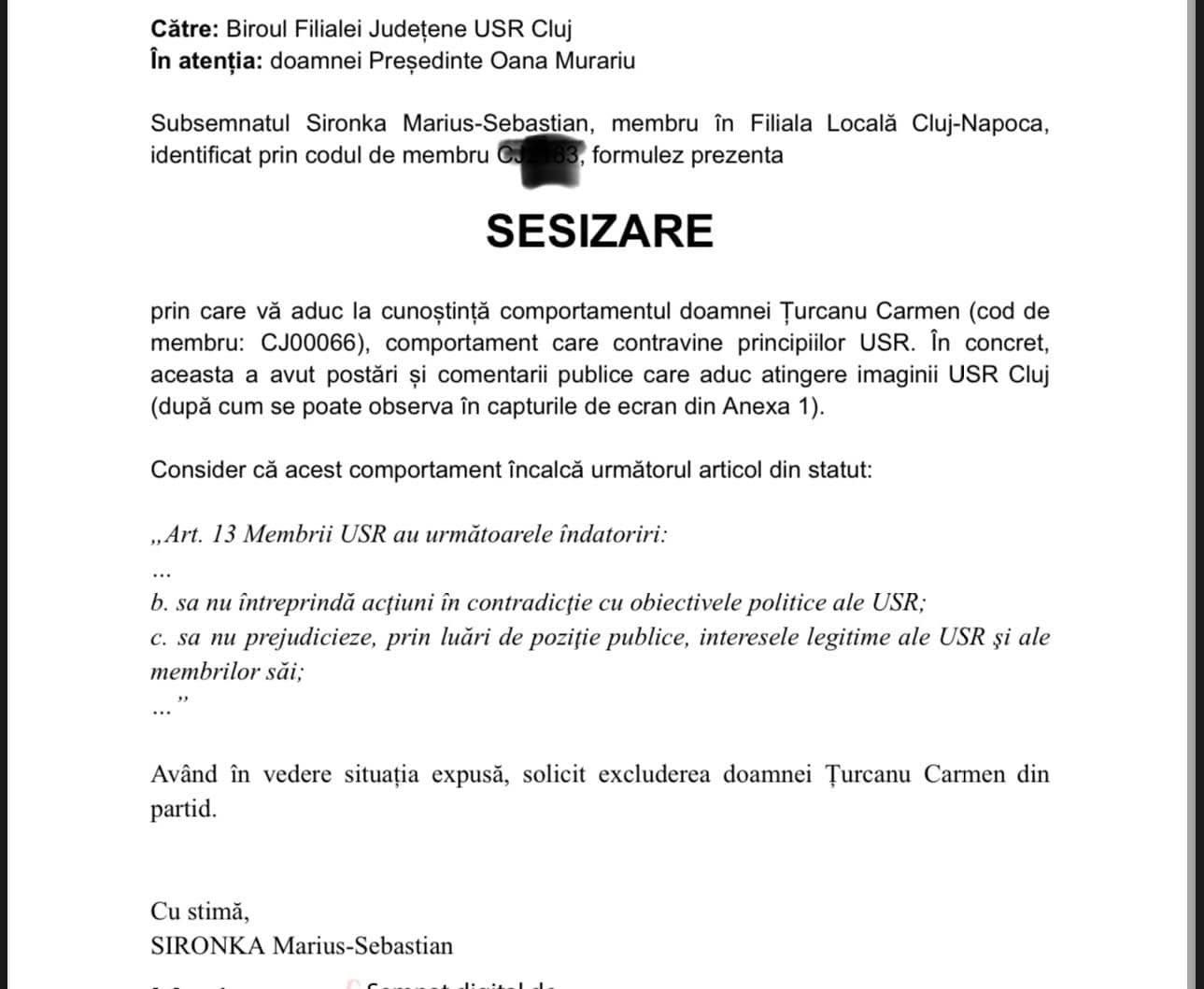 Sesizare USR Cluj pentru excluderea lui Carmen Turcanu