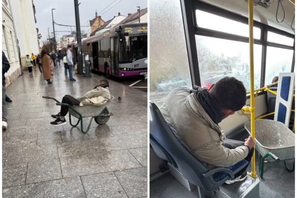 Imagine din centrul Clujului. A adormit în roabă